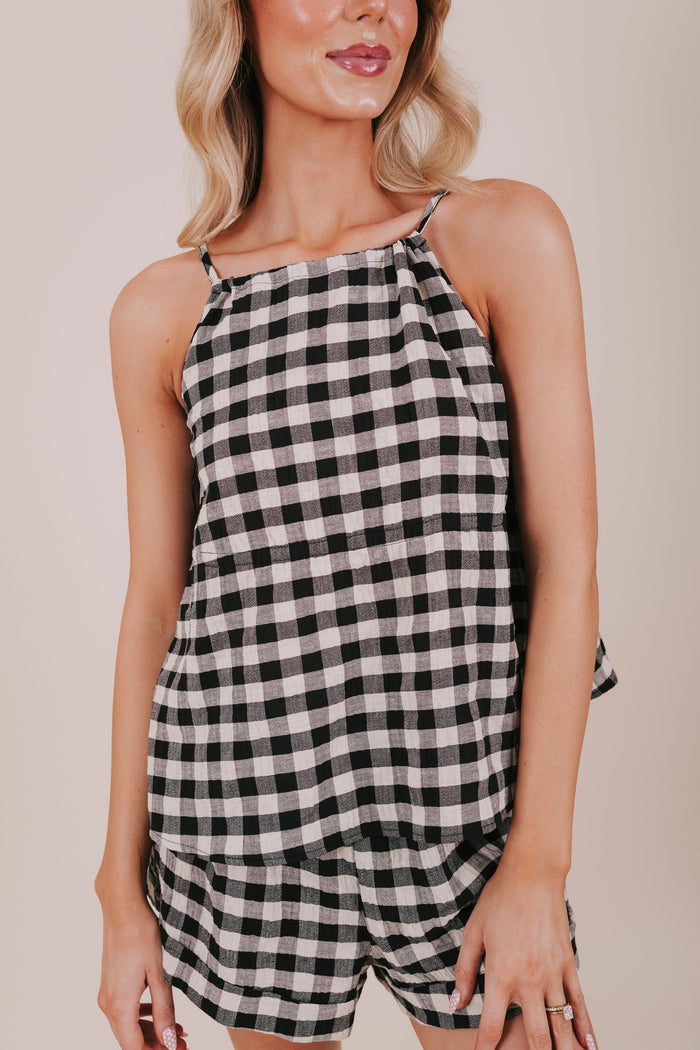 black gingham tank blouse detail
