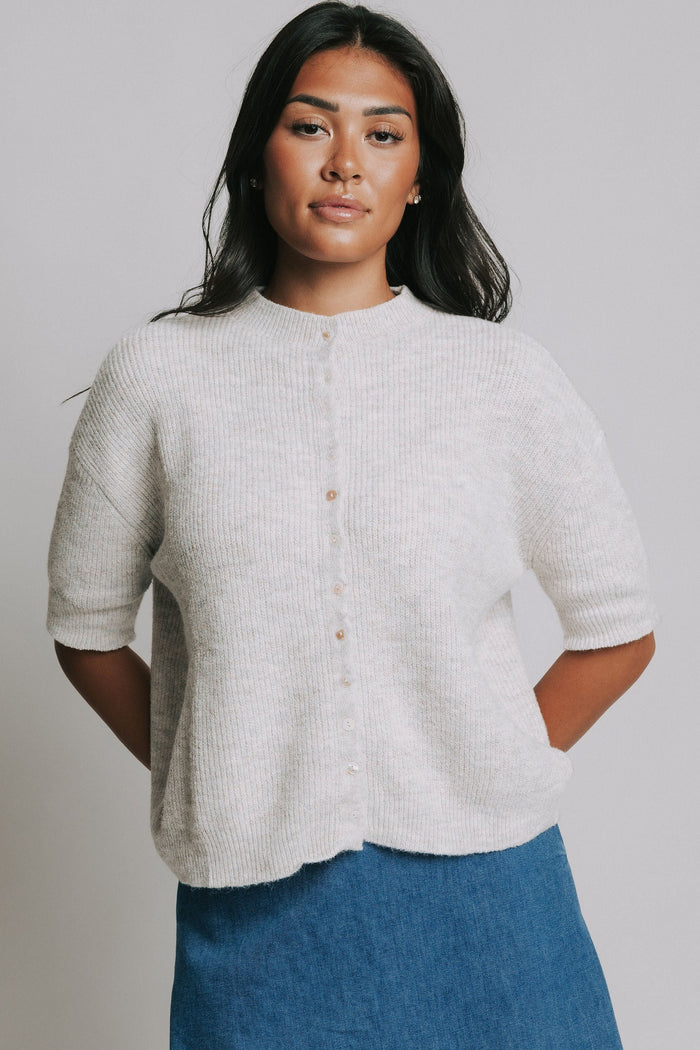 short sleeved ribbed sweater cardigan oatmeal