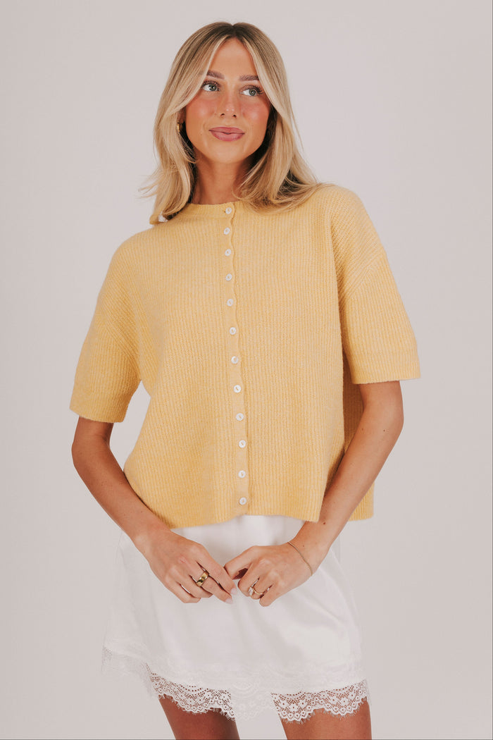ribbed yellow knit button top front