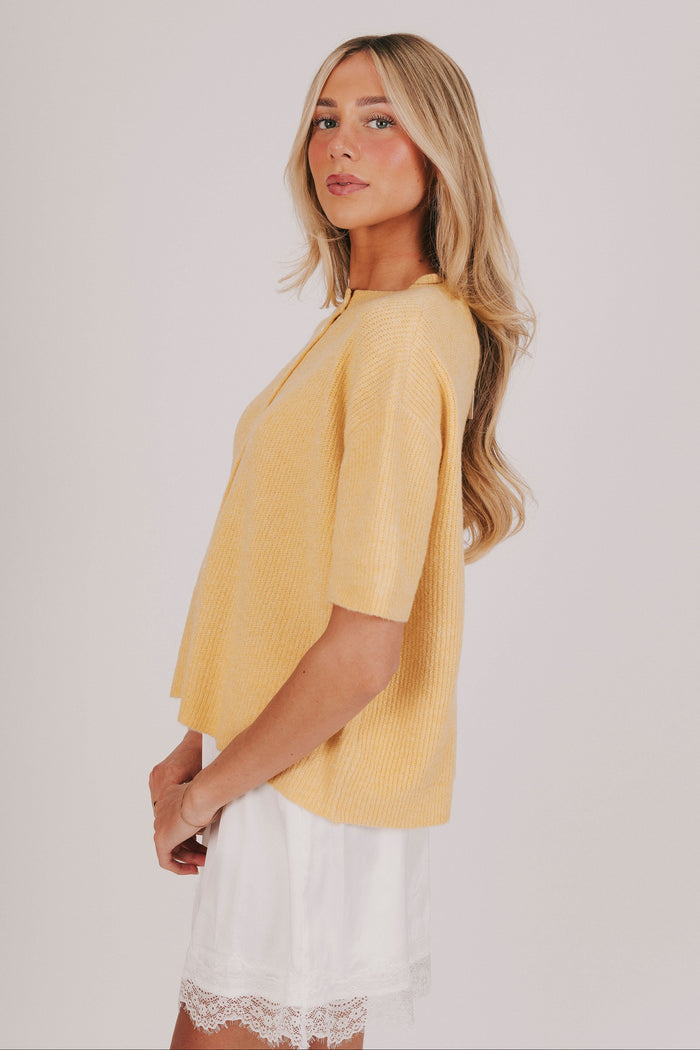 ribbed yellow knit button top side