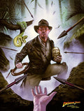 print of Indiana Jones in a jungle setting with a snake and arrows, holding his whip and a golden idol.