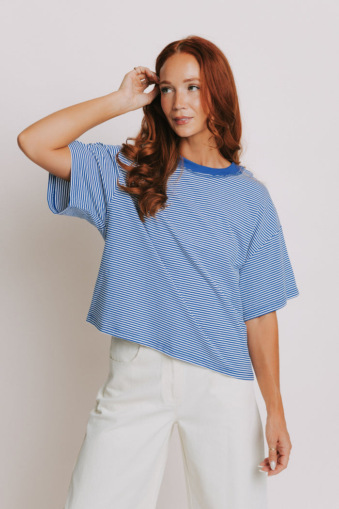 blue and white striped crewneck short sleeve top