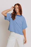 blue and white striped crewneck short sleeve top