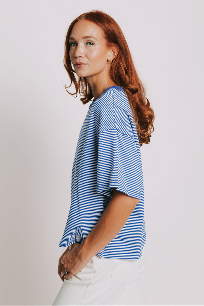 blue and white striped crewneck short sleeve top side