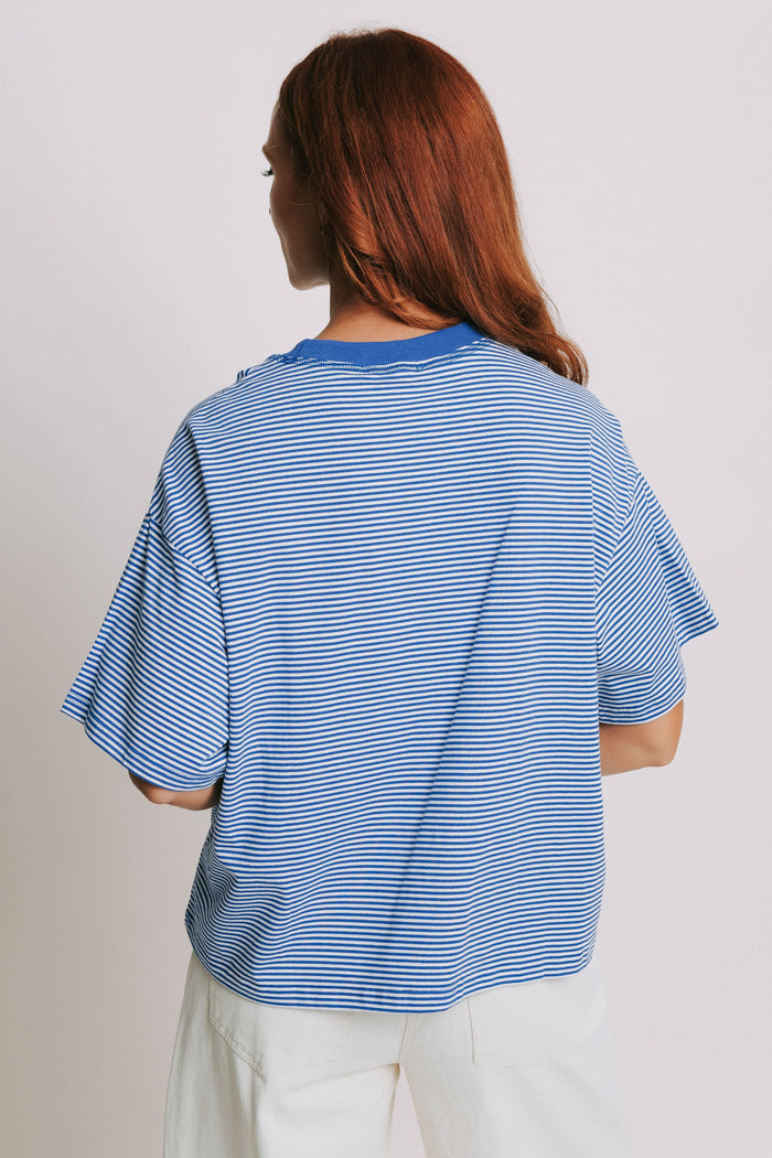 blue and white striped crewneck short sleeve top back