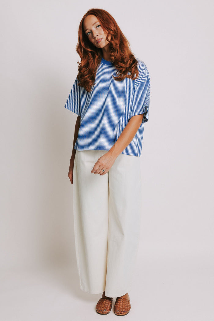blue and white striped crewneck short sleeve top full