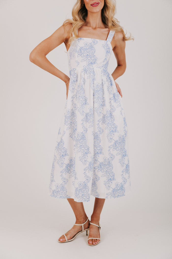 white and blue floral midi dress