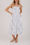 white and blue floral midi dress