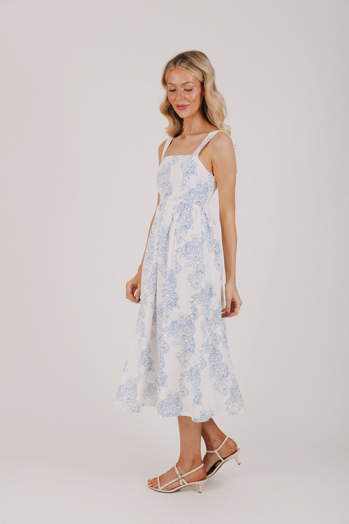 white and blue floral midi dress