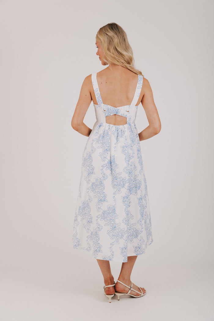 white and blue floral midi dress