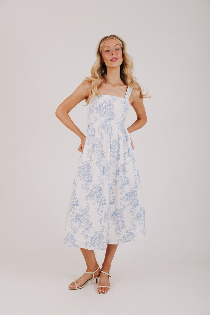 white and blue floral midi dress