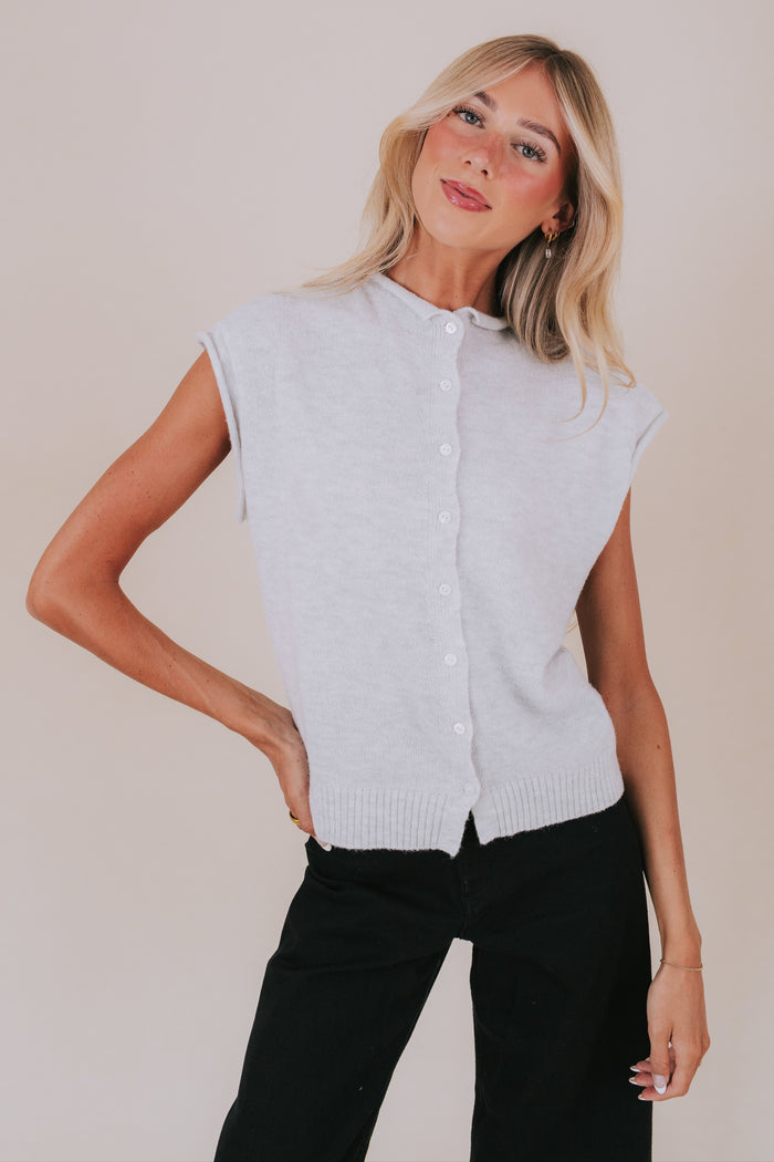 soft knit button down top heather grey