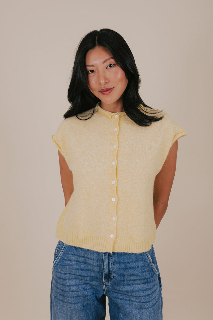soft knit button down top yellow