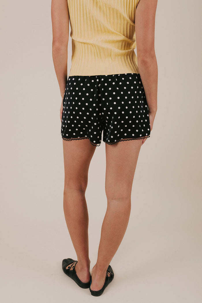 black and white polka dot satin shorts back