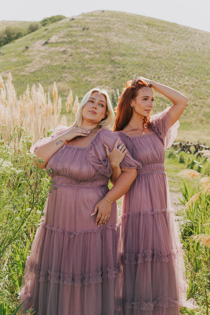 tiered tulle maxi dress with puff sleeves lavender lifestyle