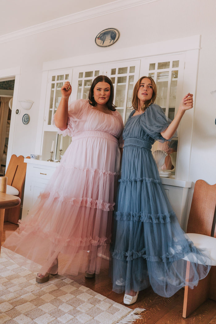 tiered tulle maxi dress with puff sleeves blue and blush lifestyle