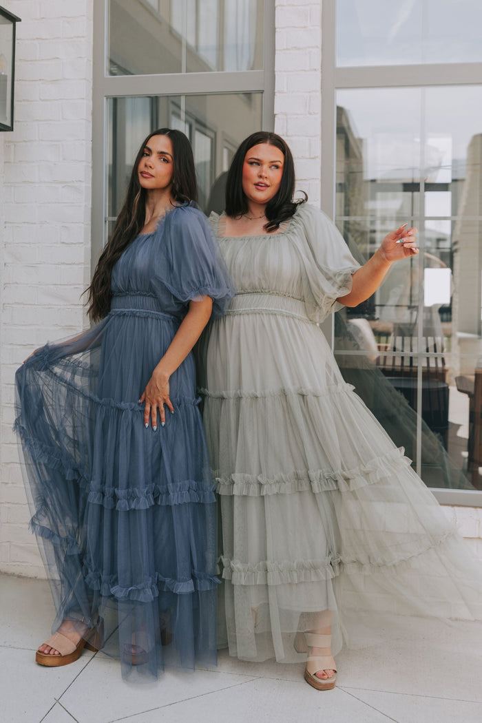 tiered tulle maxi dress with puff sleeves green and blue lifestyle