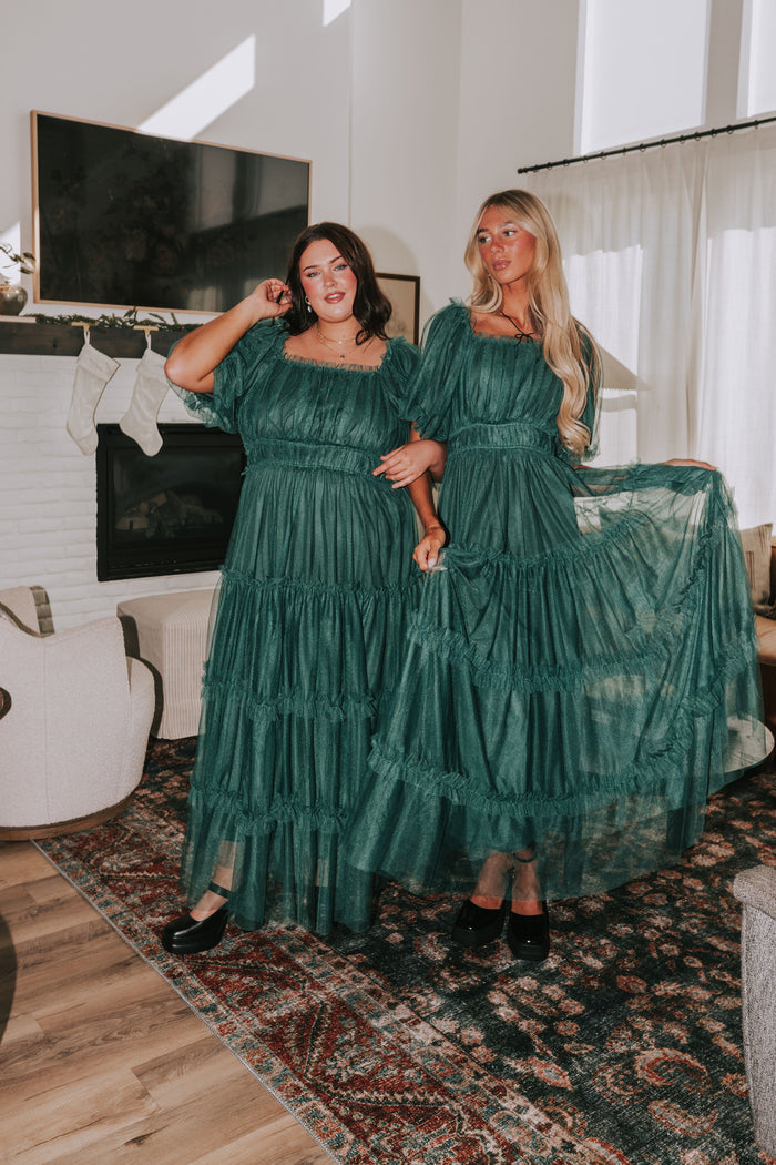 tiered tulle maxi dress with puff sleeves hunter green lifestyle