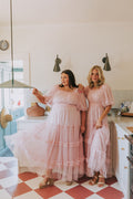 tiered tulle maxi dress with puff sleeves blush lifestyle models