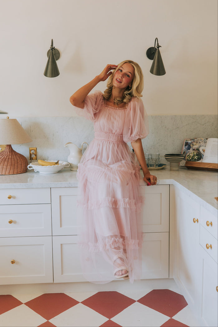 tiered tulle maxi dress with puff sleeves blush lifestyle