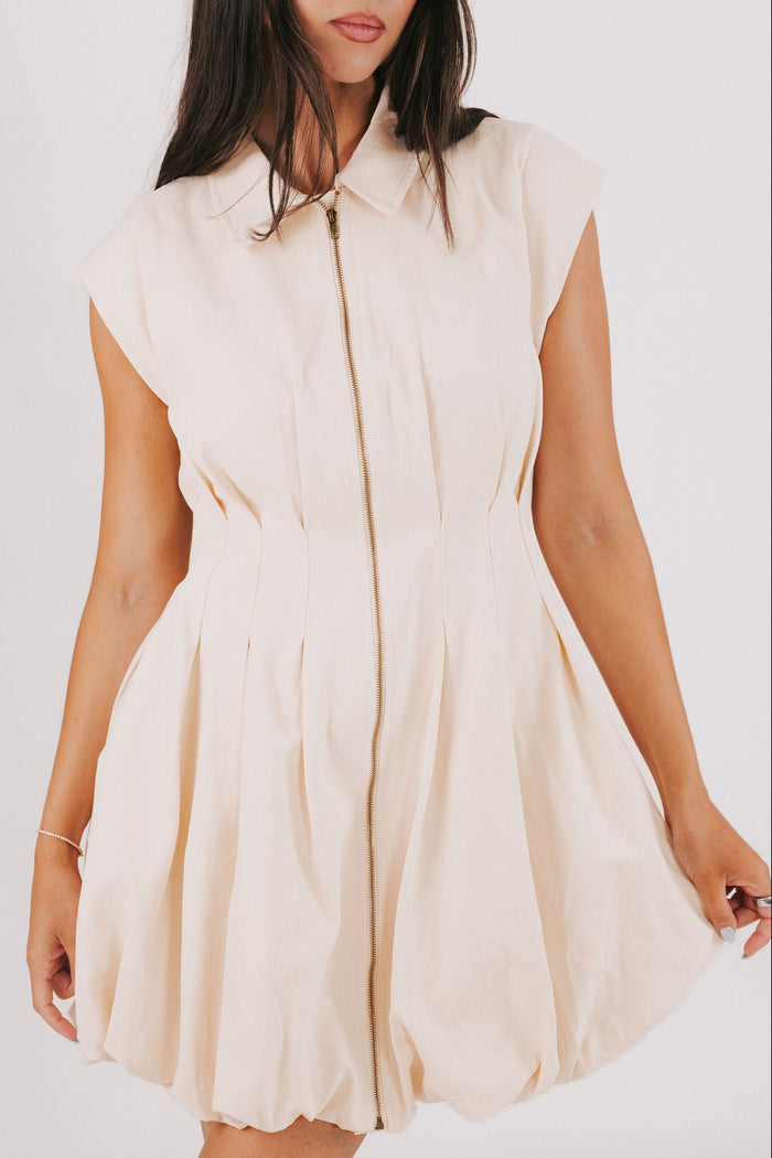 ivory zip up bubble hem dress front