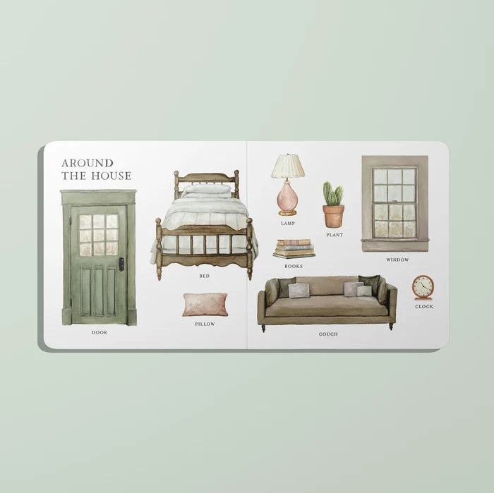 Illustrated book page showing furniture and home decor items