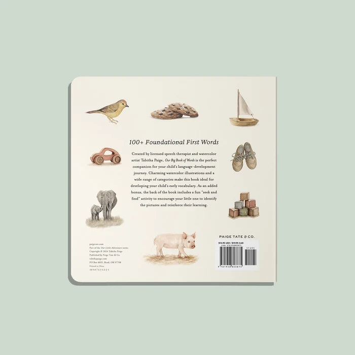 Back cover of a book with illustrations of animals and objects