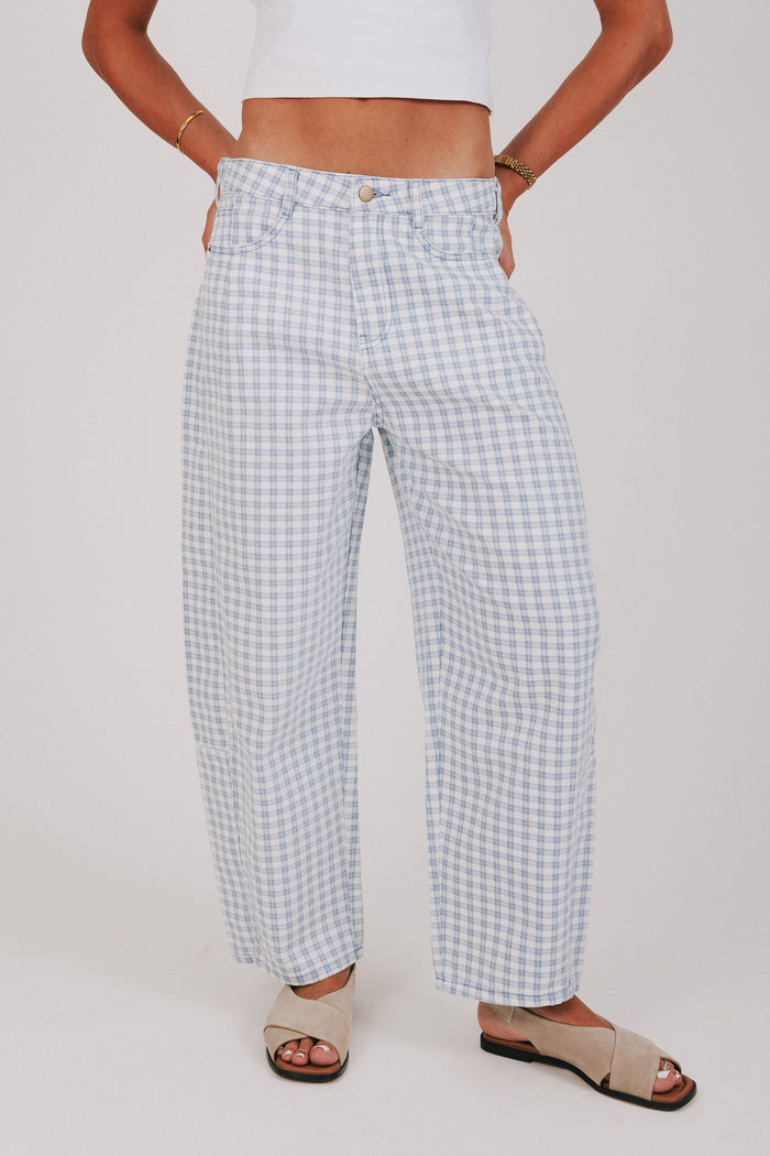blue plaid barrel jeans