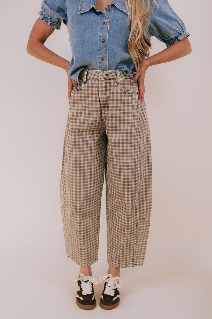 brown plaid barrel jeans front