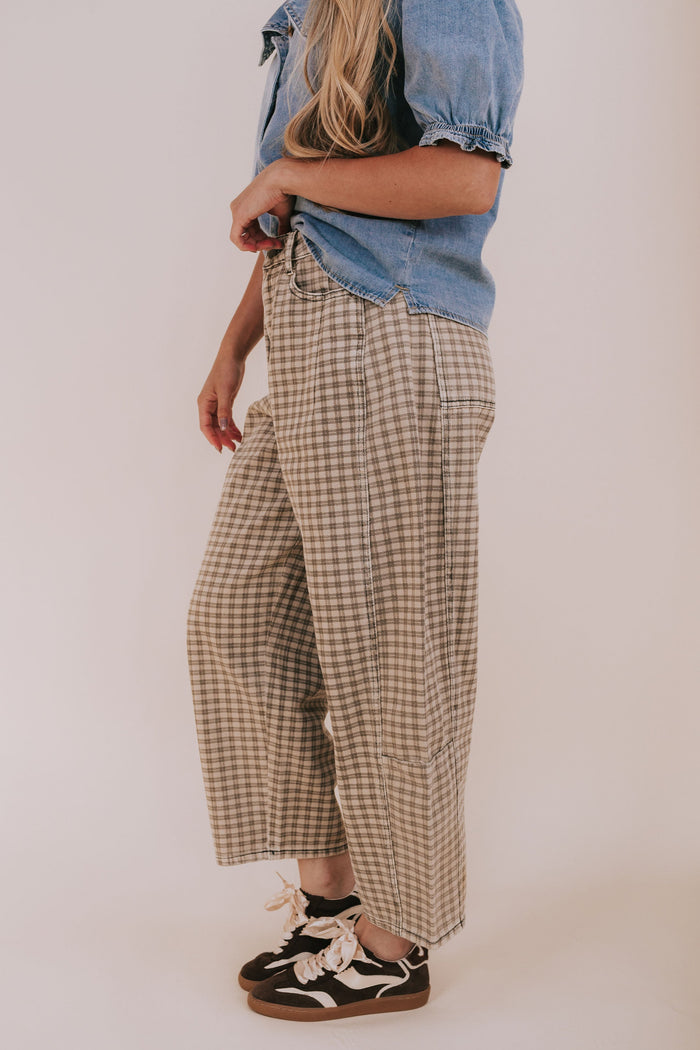 brown plaid barrel jeans side