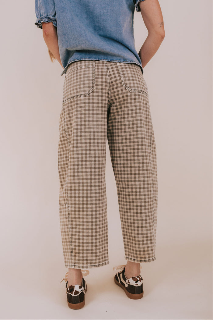 brown plaid barrel jeans back