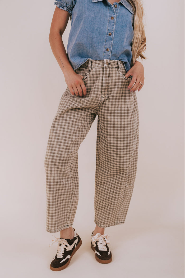 brown plaid barrel jeans