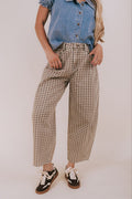 brown plaid barrel jeans
