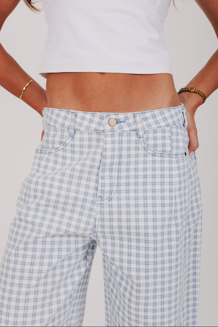blue plaid barrel jeans waistline