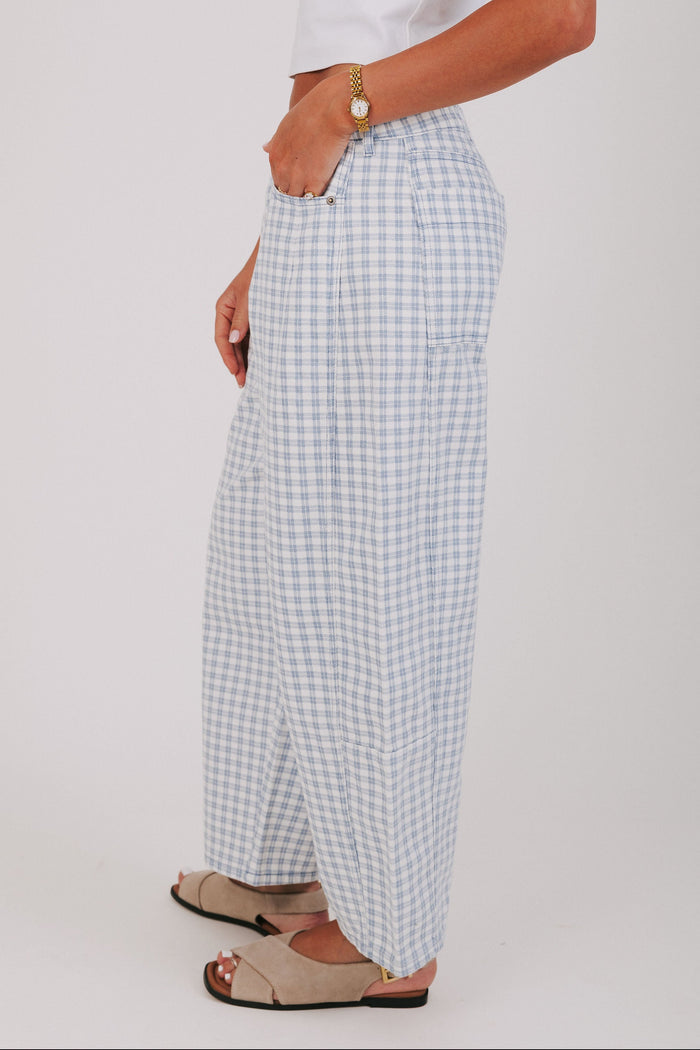 blue plaid barrel jeans side