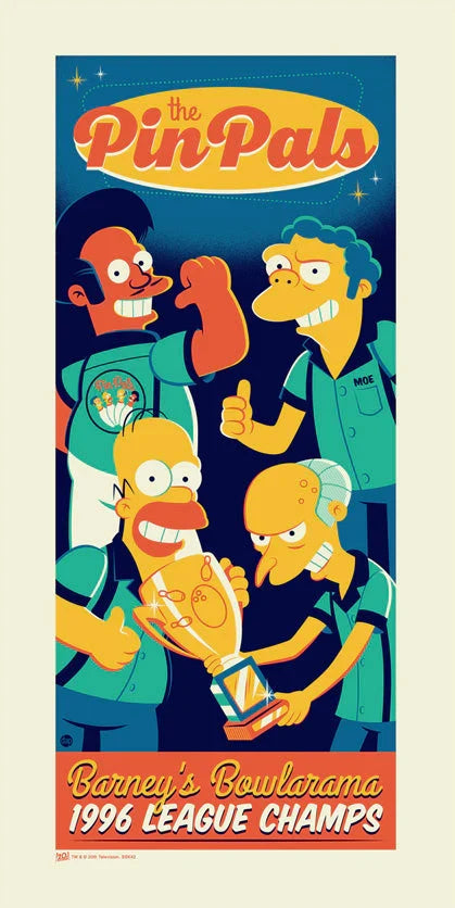 Apu, Moe, Homer, and Mr. Burns from 'The Simpsons' on a blue background with text 'The Pin Pals' and 'Barney's Bowlarama 1996 League Champs'.