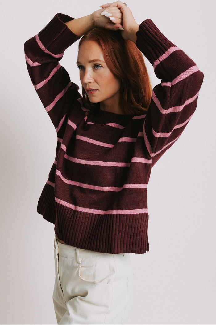 pink and burgundy striped sweater