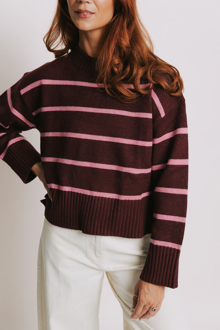 pink and burgundy striped sweater front