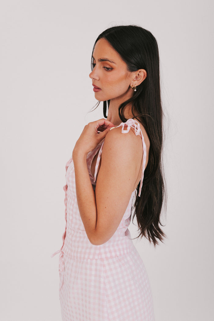 pink and white gingham skirt set