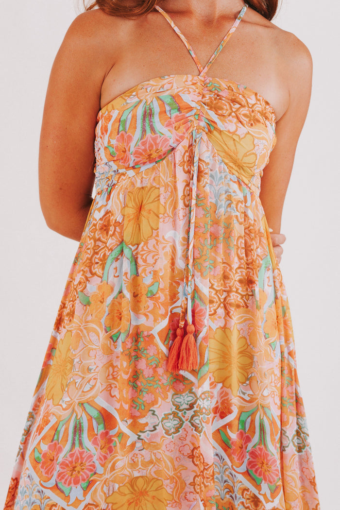 multicolored floral tiered maxi dress front