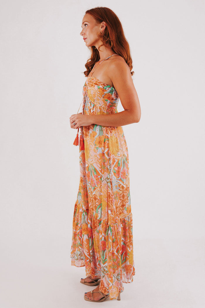 multicolored floral tiered maxi dress side