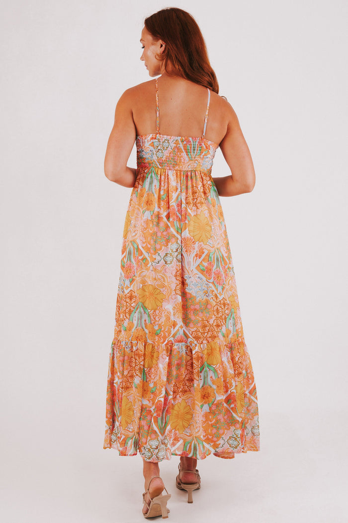 multicolored floral tiered maxi dress back