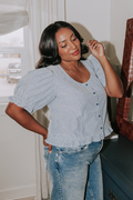 blue striped blouse with buttons and puff sleeves
