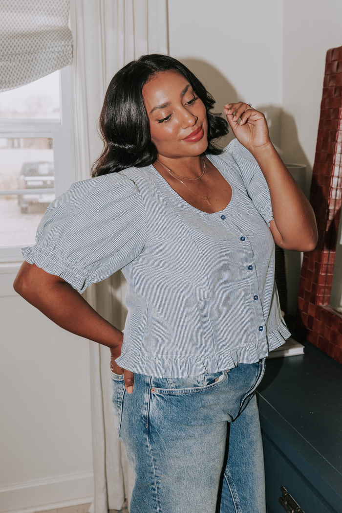 blue striped blouse with buttons and puff sleeves