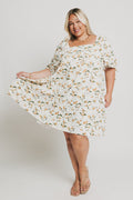 knee length floral dress with square neck and puff sleeves