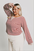 burgundy striped top with lace trim on neckline and sleeves