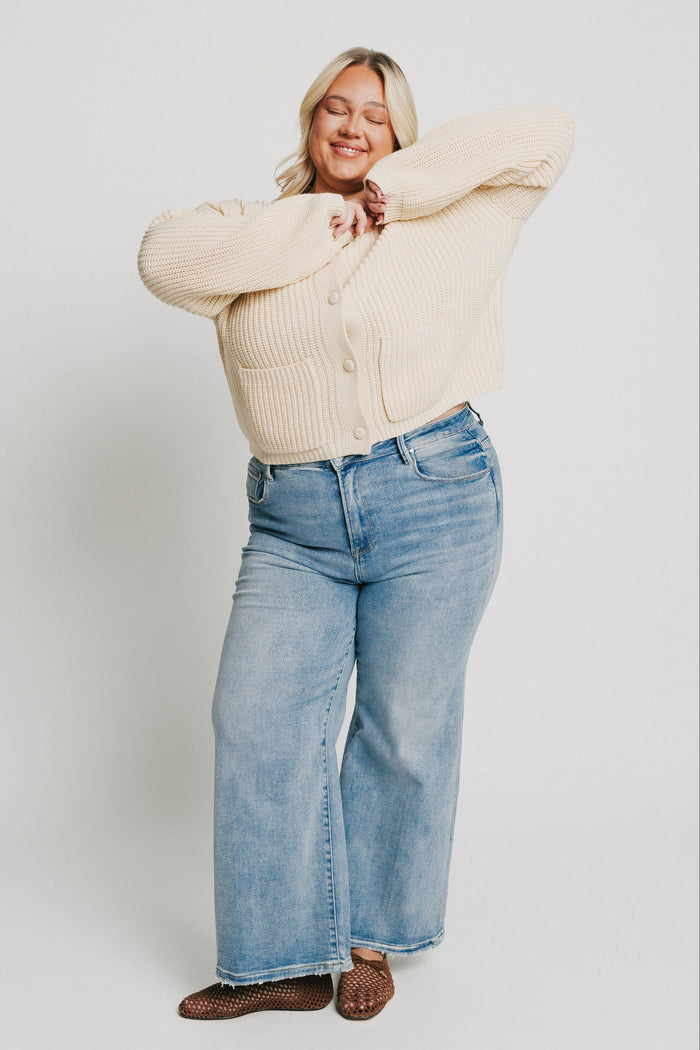 cream button down knit cardigan with pockets plus front