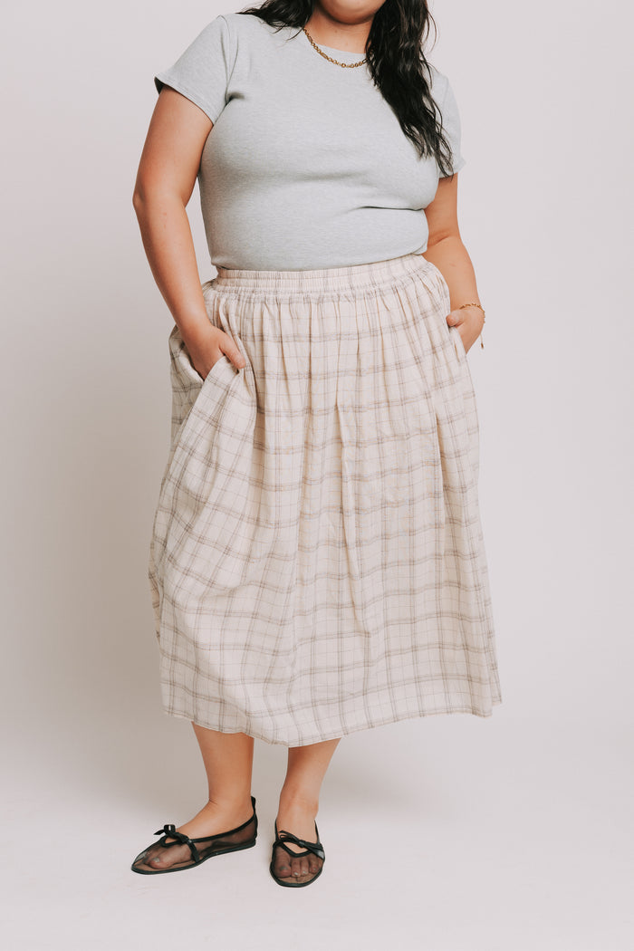 ivory and brown plaid midi skirt plus
