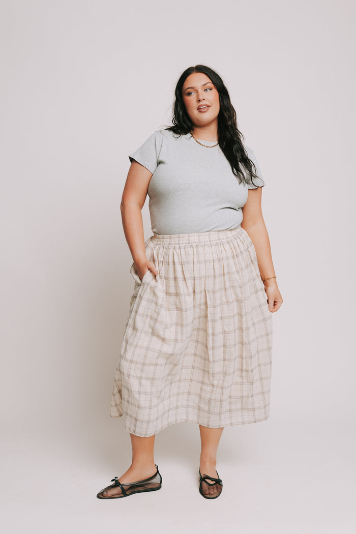 ivory and brown plaid midi skirt plus front