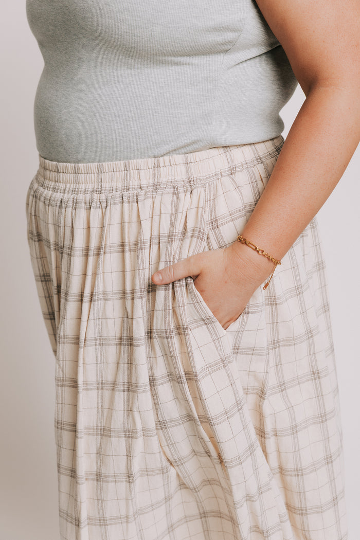 ivory and brown plaid midi skirt plus pockets
